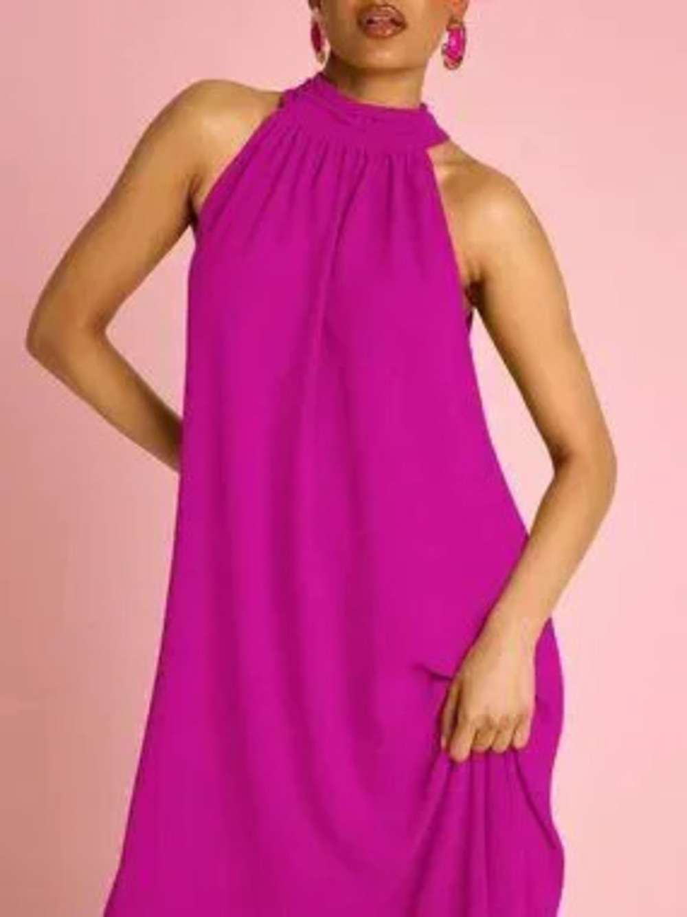 ZARA Hot Pink Elegant Women's Halter neck Statement Flowing Maxi Vacation Outfit
